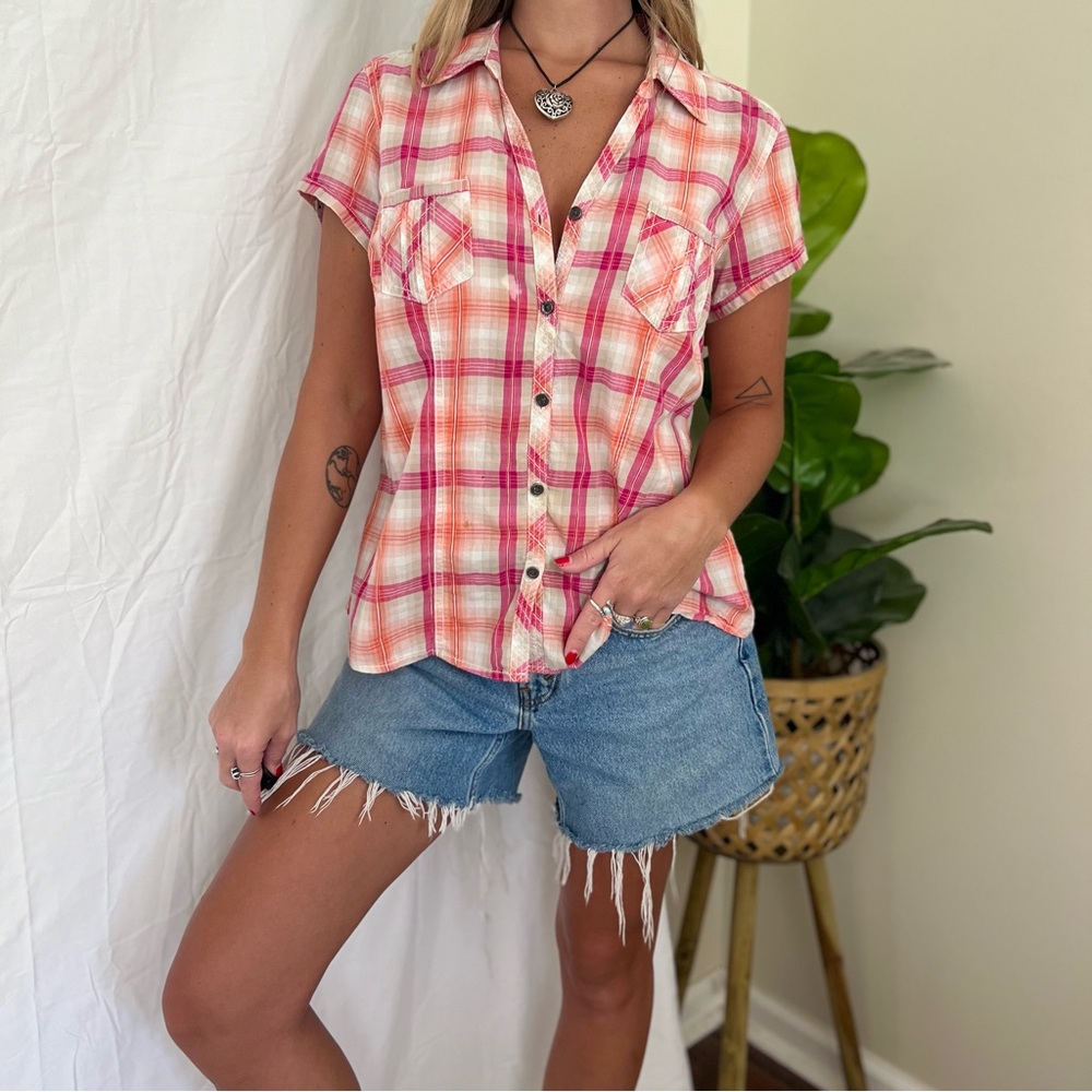 Y2K Orange + Pink Plaid Button Up Shirt
